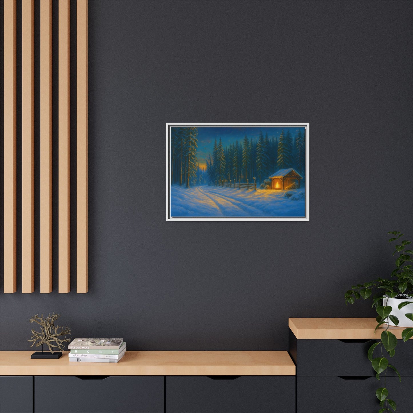 Framed Winter Landscape Canvas, Cozy Cabin Art, Christmas Decor, Winter Home Decor, Holiday Gift, Wall Art - TRV