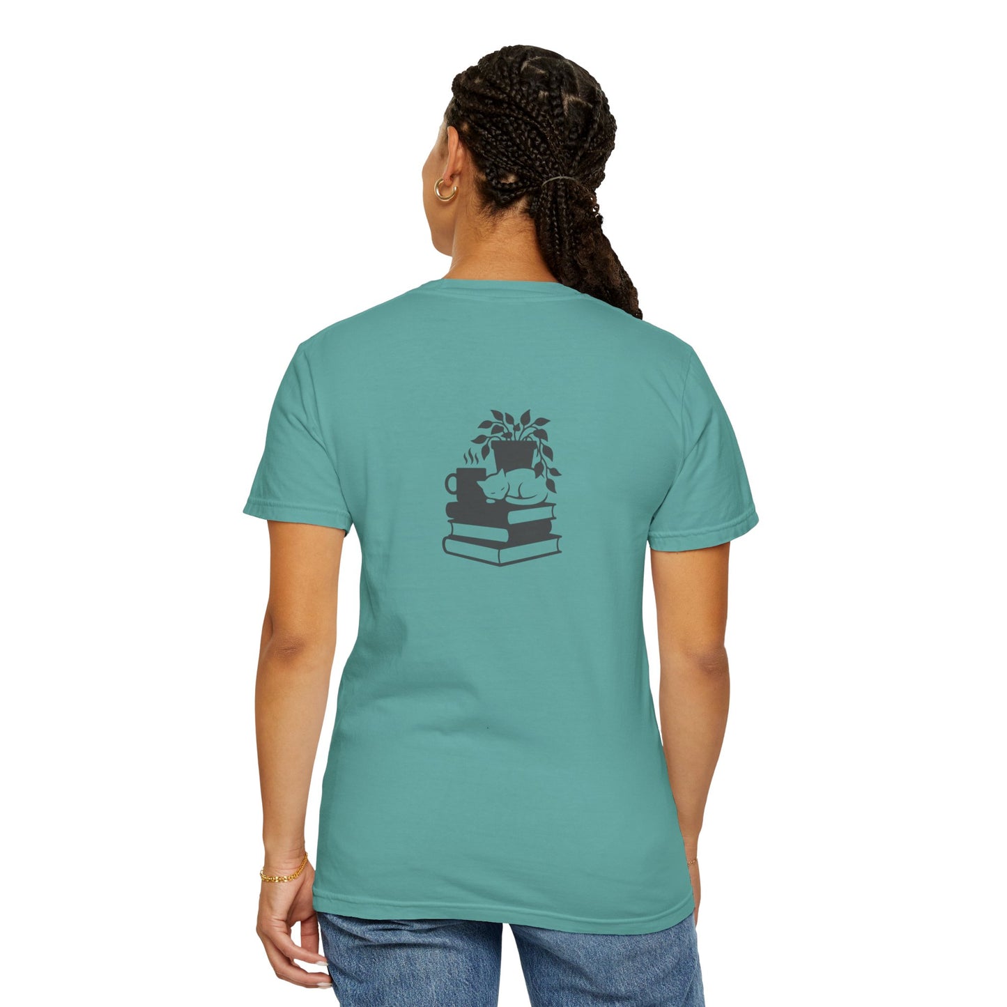 Cozy Cat on Books T-Shirt | Reading Tea Stack Illustration