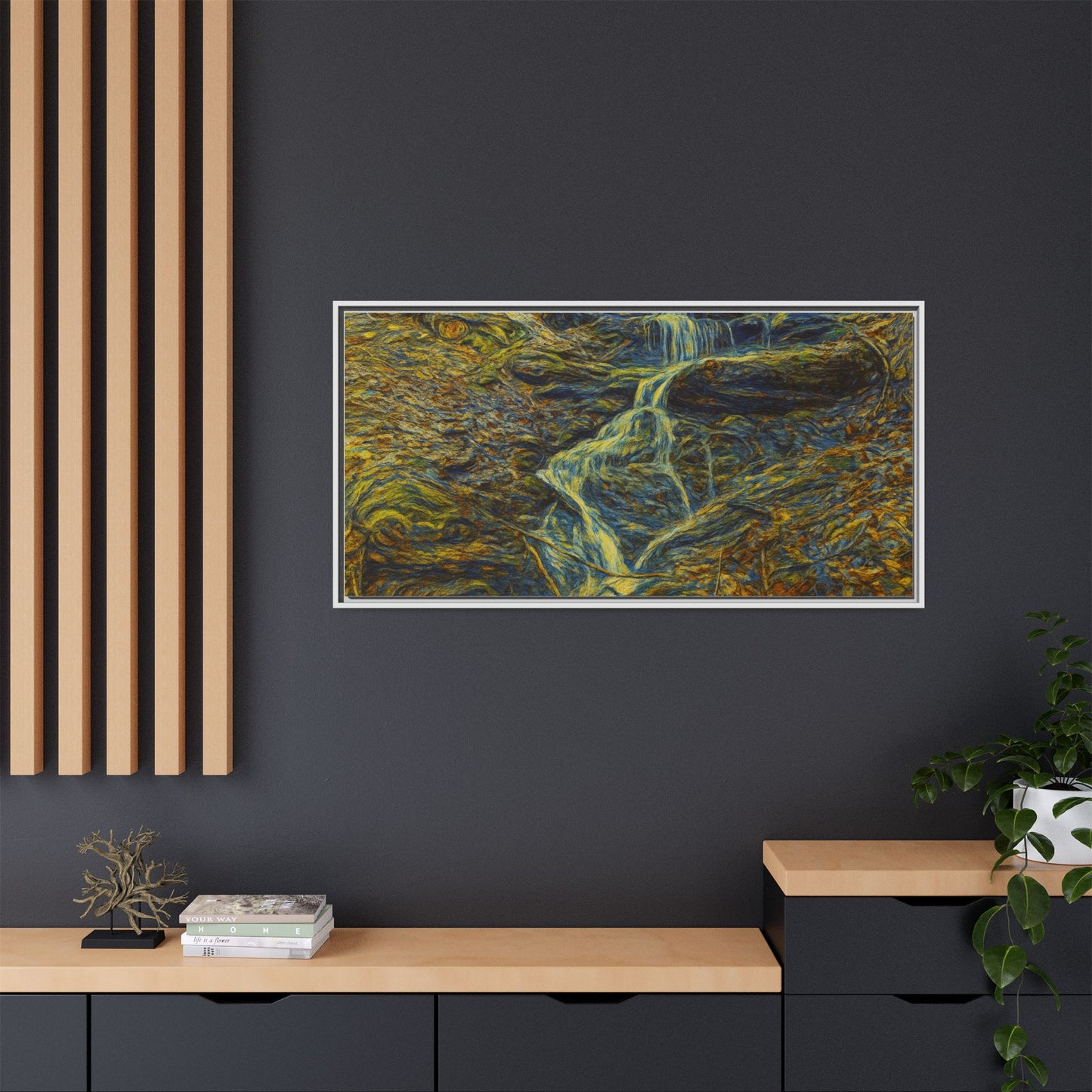 Van Gogh Style Framed Matte Canvas Art Print - Nature-Inspired Wall Decor, Abstract Waterfall Artwork, Home Office Decoration - TRV
