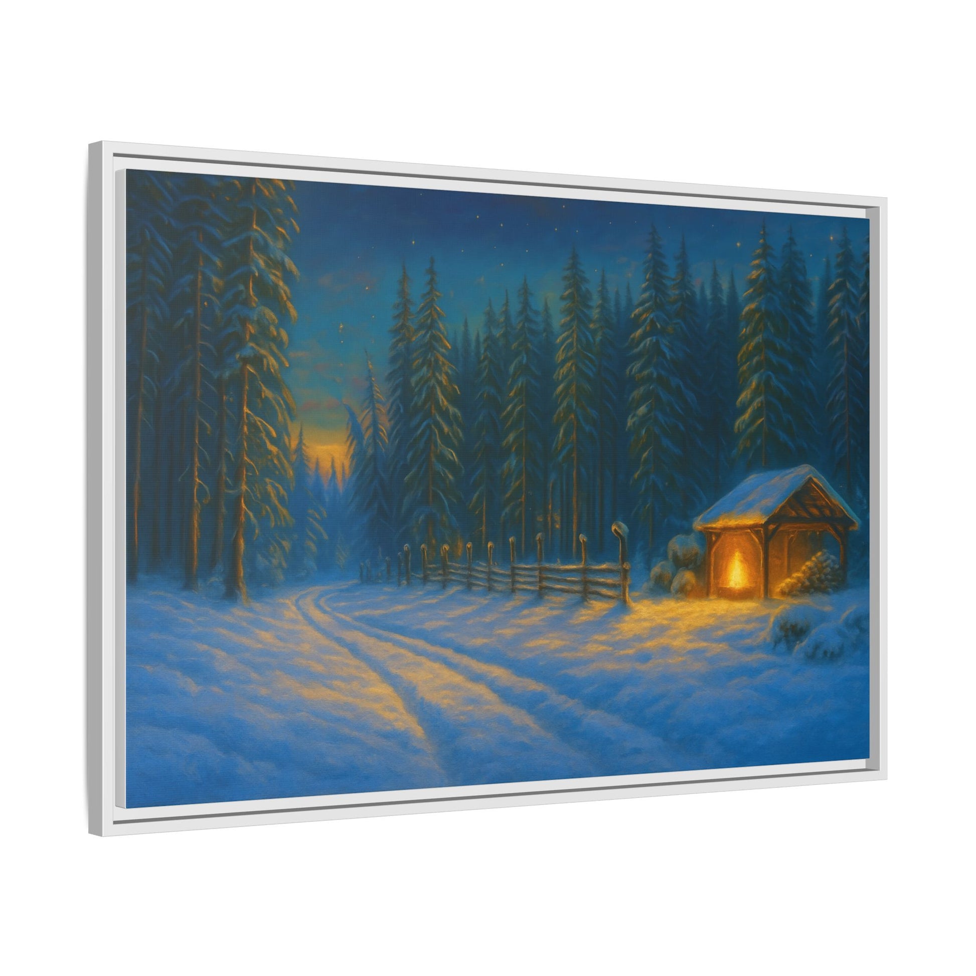 Framed Winter Landscape Canvas, Cozy Cabin Art, Christmas Decor, Winter Home Decor, Holiday Gift, Wall Art - TRV