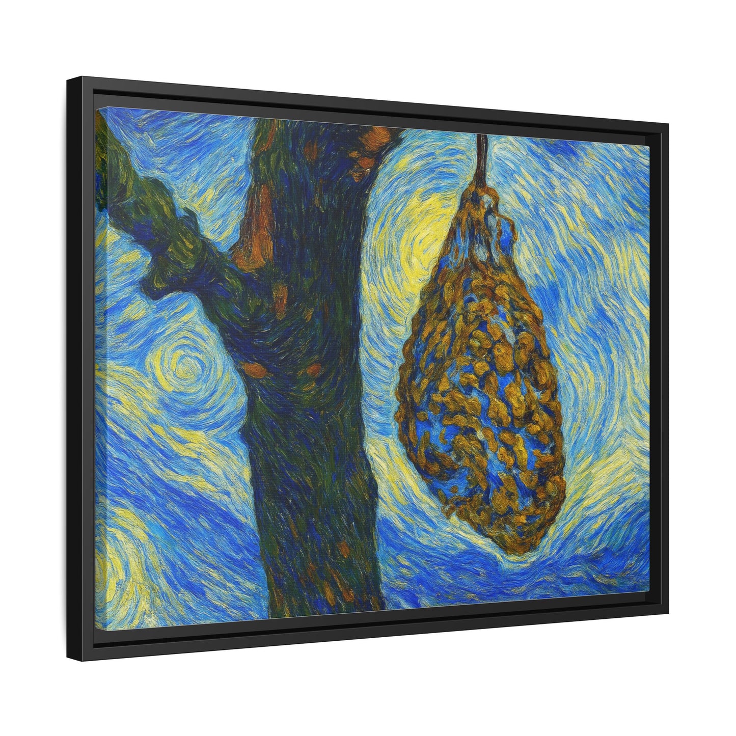 Framed Matte Canvas Art — Van Gogh-Style Swirling Night with Hanging Beehive