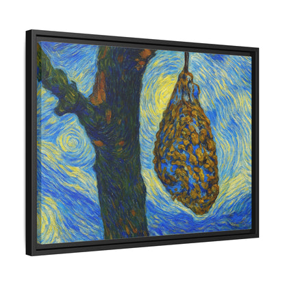 Framed Matte Canvas Art — Van Gogh-Style Swirling Night with Hanging Beehive