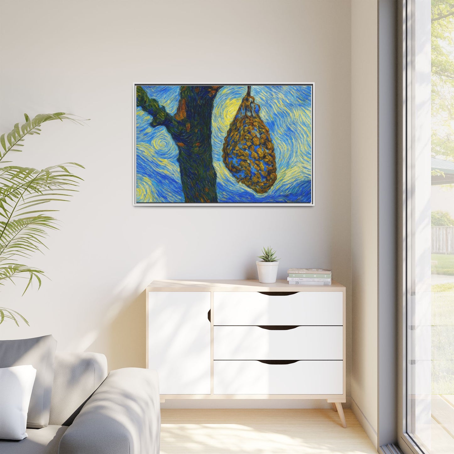 Framed Matte Canvas Art — Van Gogh-Style Swirling Night with Hanging Beehive