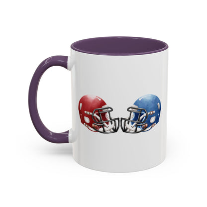 Football Helmet Coffee Mug — Red vs Blue Rivalry Accent Mug (11/15oz)