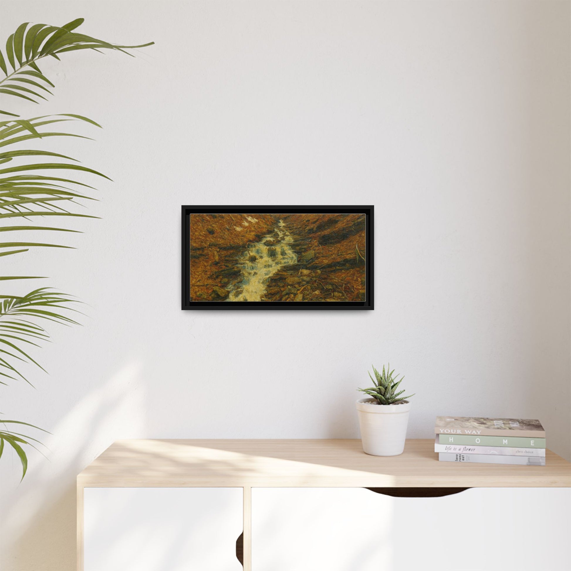 Serene Abstract Nature Canvas Art, Framed Wall Decor, Rustic Home Accent, Earthy Tone Artwork, Tranquil River Scene - TRV
