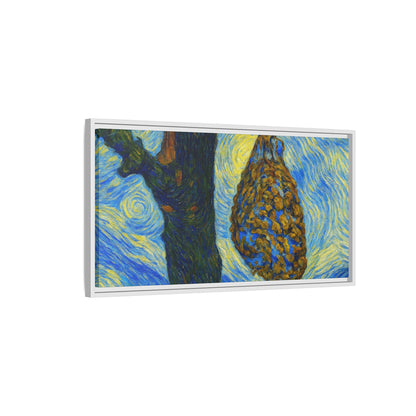 Framed Matte Canvas Art — Van Gogh-Style Swirling Night with Hanging Beehive