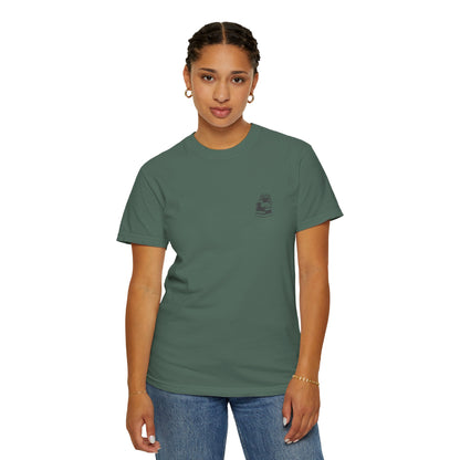 Cozy Cat on Books T-Shirt | Reading Tea Stack Illustration