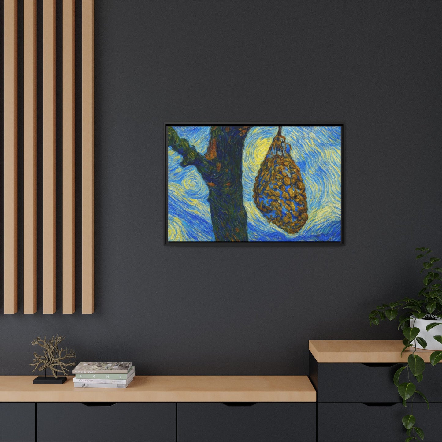 Framed Matte Canvas Art — Van Gogh-Style Swirling Night with Hanging Beehive