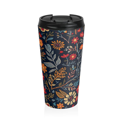 Autumn Floral Pattern Stainless Steel Travel Mug | Navy Wildflower Design - TRV