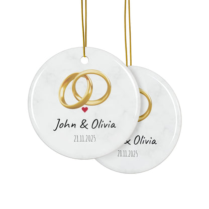 Wedding Rings Ornament round ceramic ornament | Personalized names and date - TRV