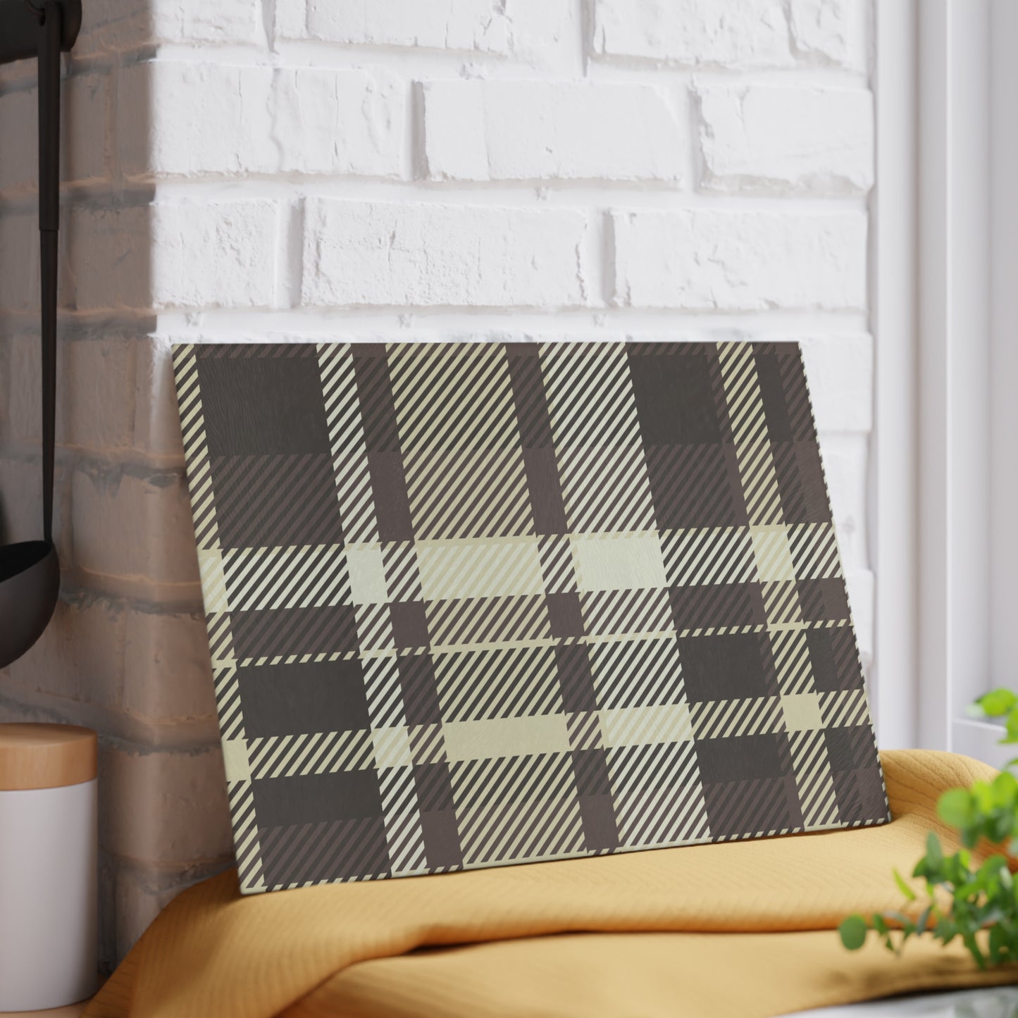 Plaid Glass Cutting Board — Neutral Buffalo Check Kitchen Board