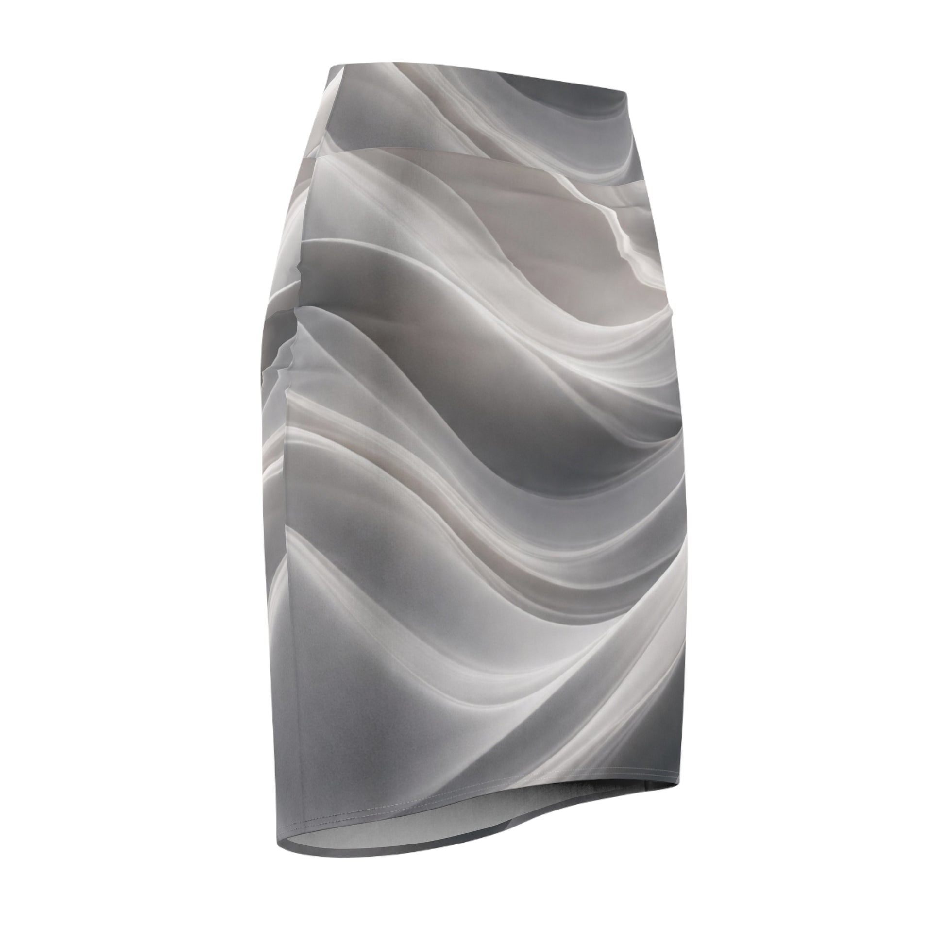Abstract gray wave pattern pencil skirt with monochrome swirl design, featuring all-over print by Printify.