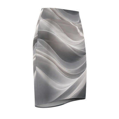 Abstract gray wave pattern pencil skirt with monochrome swirl design, featuring all-over print by Printify.