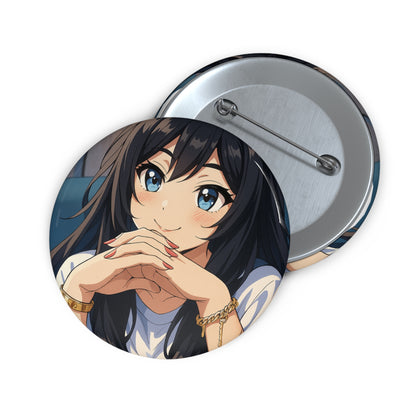 Anime girl illustration pin button featuring vibrant artwork, perfect as a stylish accessory for anime fans and collectors.