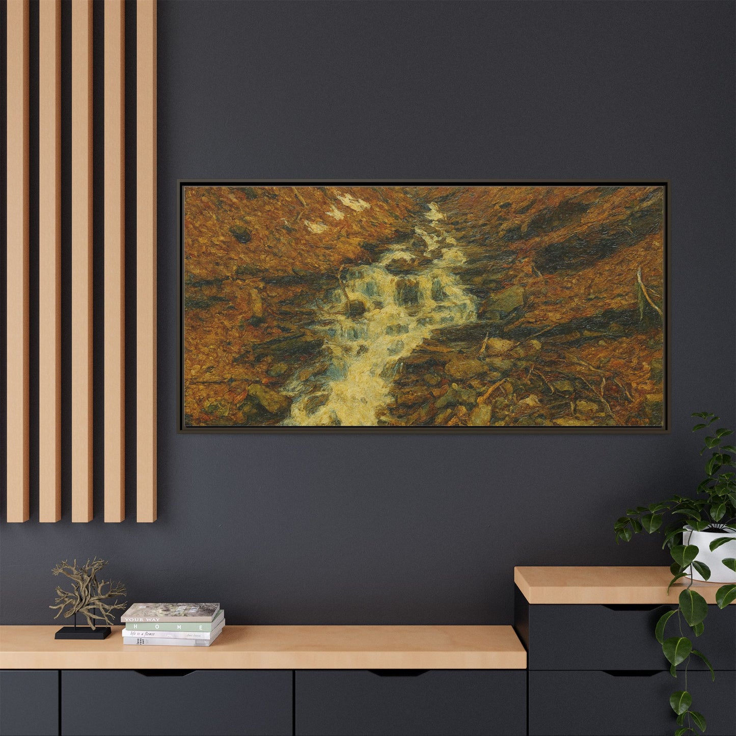 Serene Abstract Nature Canvas Art, Framed Wall Decor, Rustic Home Accent, Earthy Tone Artwork, Tranquil River Scene - TRV