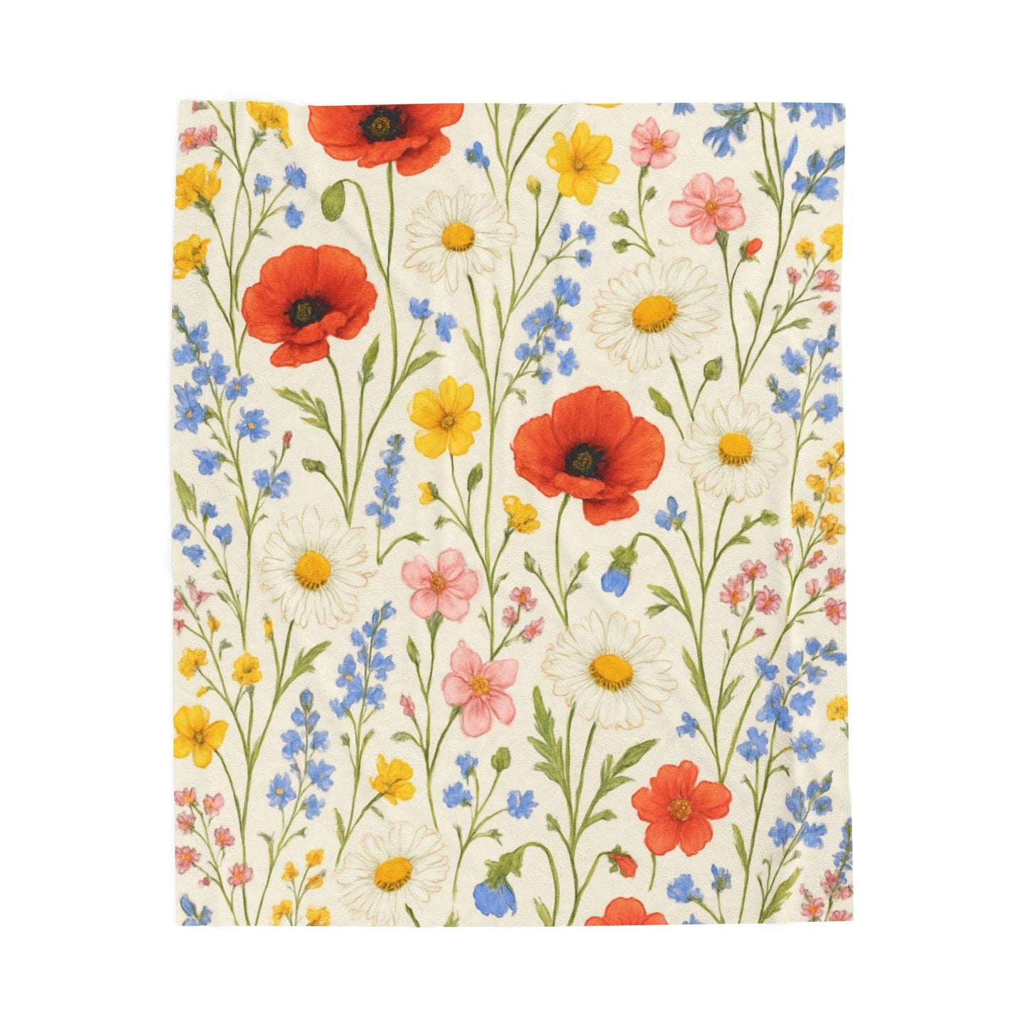 Wildflower Meadow Velveteen Plush Blanket | Poppy Daisy Floral Throw - TRV