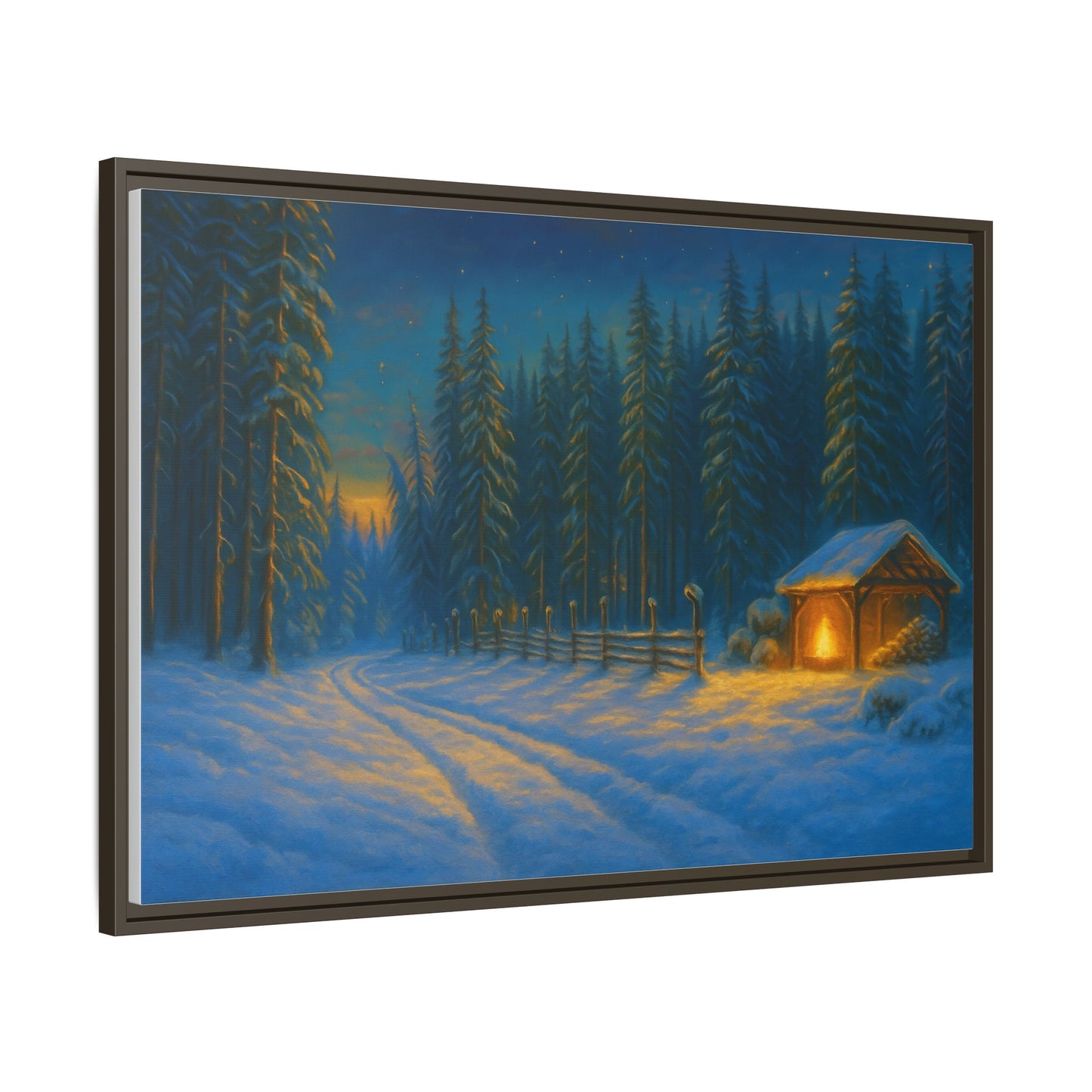 Framed Winter Landscape Canvas, Cozy Cabin Art, Christmas Decor, Winter Home Decor, Holiday Gift, Wall Art - TRV