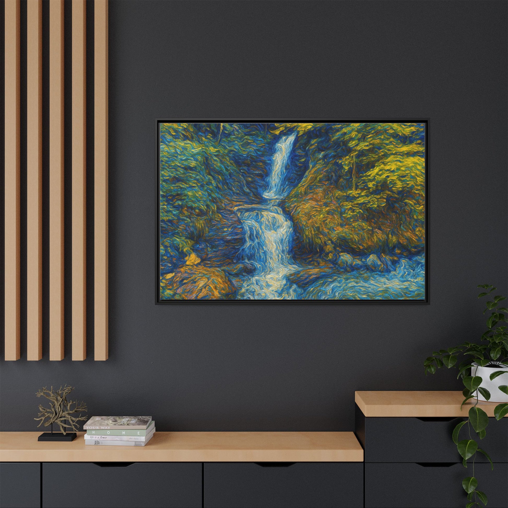 Framed Canvas Art, Majestic Van Gogh Style Waterfall Landscape Wall Decor, Nature Lover Gift, Home Office Artwork, Living Room Decoration - TRV