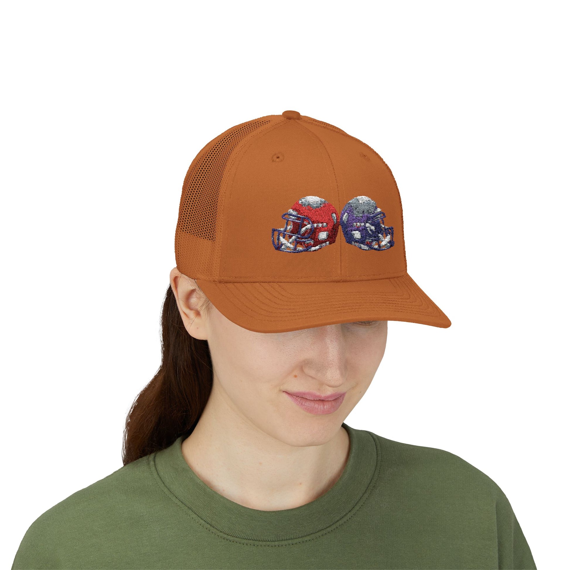 Sporty Snapback Trucker Cap with Football Helmets, Baseball Cap, Outdoor Activity Hat, Gift for Sports Fans, Team Spirit Wear - TRV