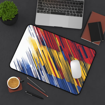 Colorful abstract flag brushstroke desk mat featuring red, yellow, and blue designs, perfect for gaming or office use.