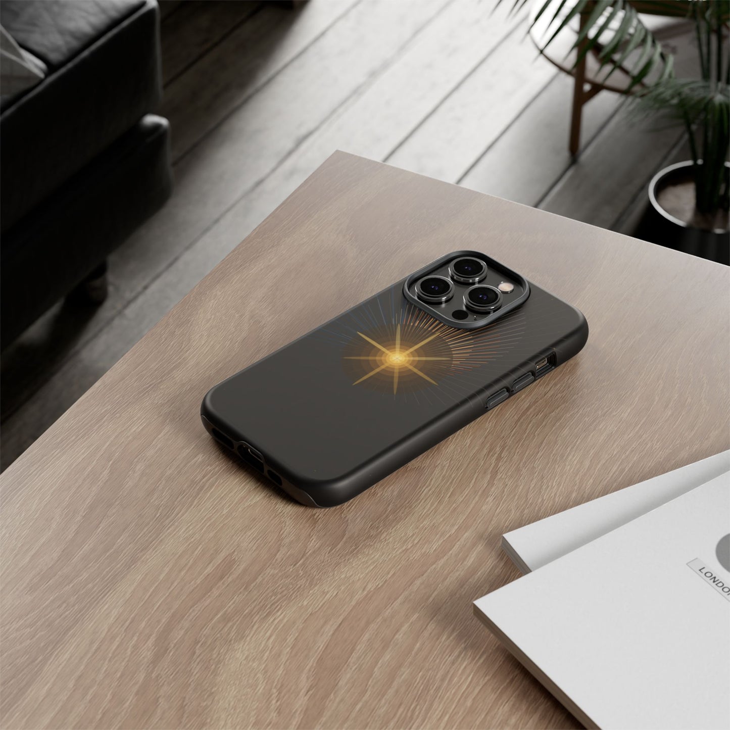 Tough Cases - Radiant Star Phone Case, Protective Black Shockproof Cover with Golden Light Design
