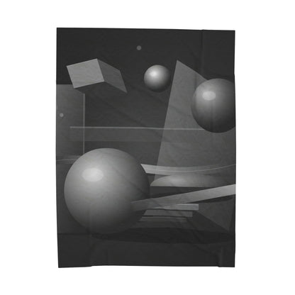 Velveteen plush blanket with 3D geometric spheres and abstract cube and sphere design, featuring vibrant all-over print by Printify.