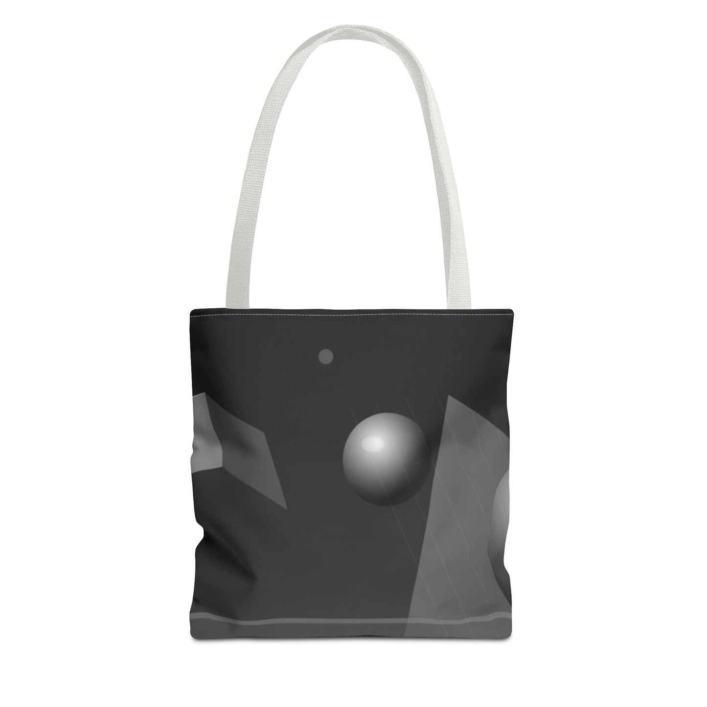 Abstract monochrome orb tote bag featuring a black and white geometric design, made by Printify, with sturdy handles and spacious interior.