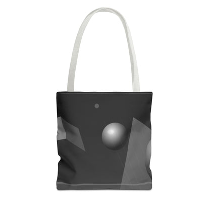 Abstract monochrome orb tote bag featuring a black and white geometric design, made by Printify, with sturdy handles and spacious interior.