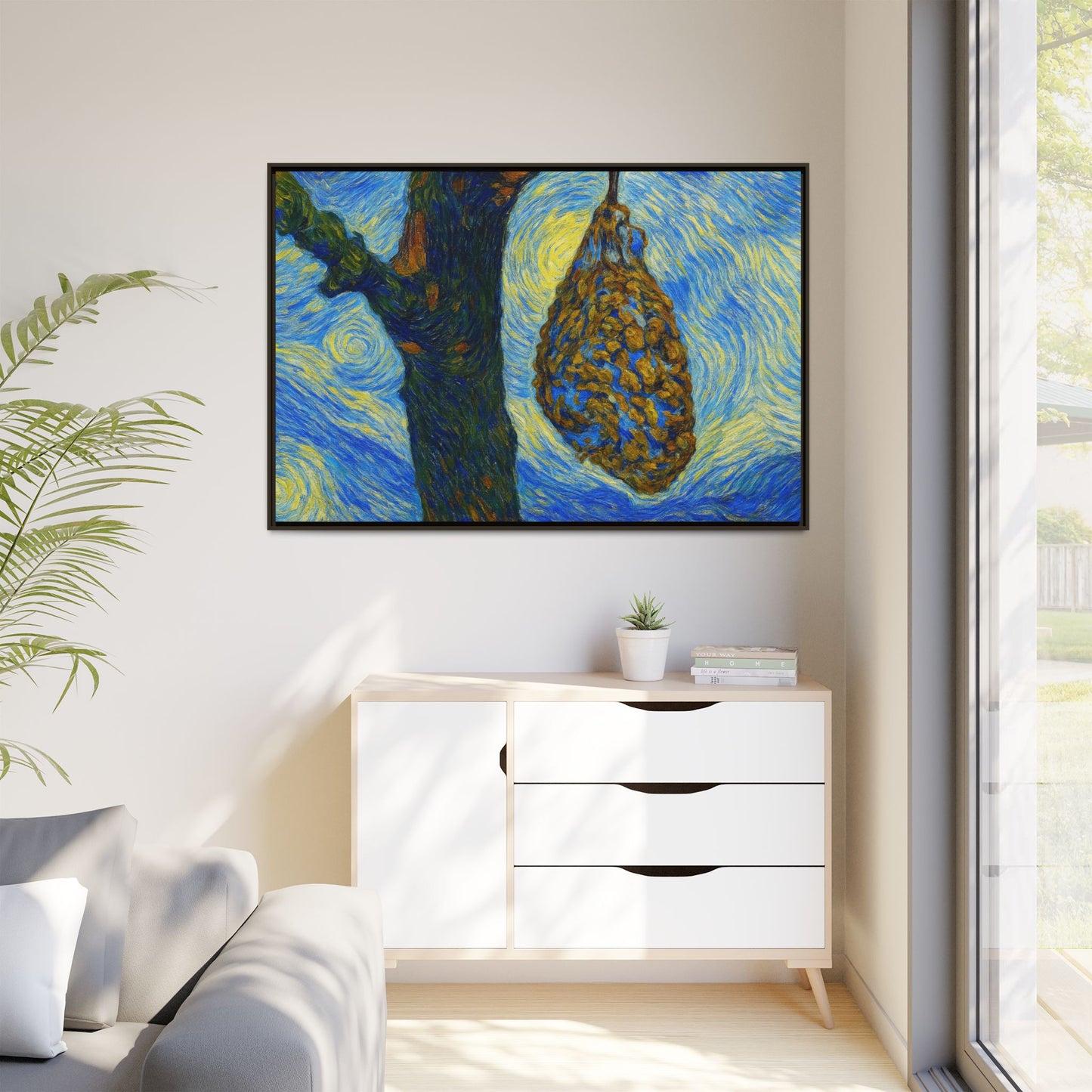 Framed Matte Canvas Art — Van Gogh-Style Swirling Night with Hanging Beehive