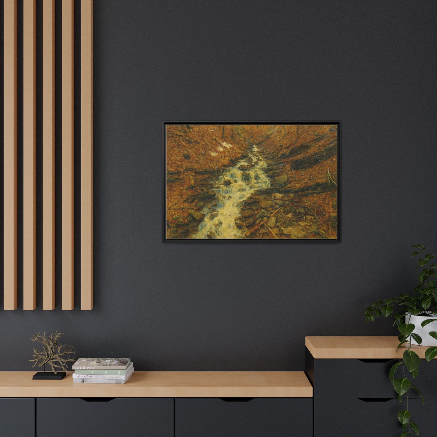 Serene Abstract Nature Canvas Art, Framed Wall Decor, Rustic Home Accent, Earthy Tone Artwork, Tranquil River Scene - TRV