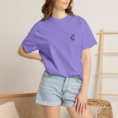 Cozy Cat on Books T-Shirt | Reading Tea Stack Illustration