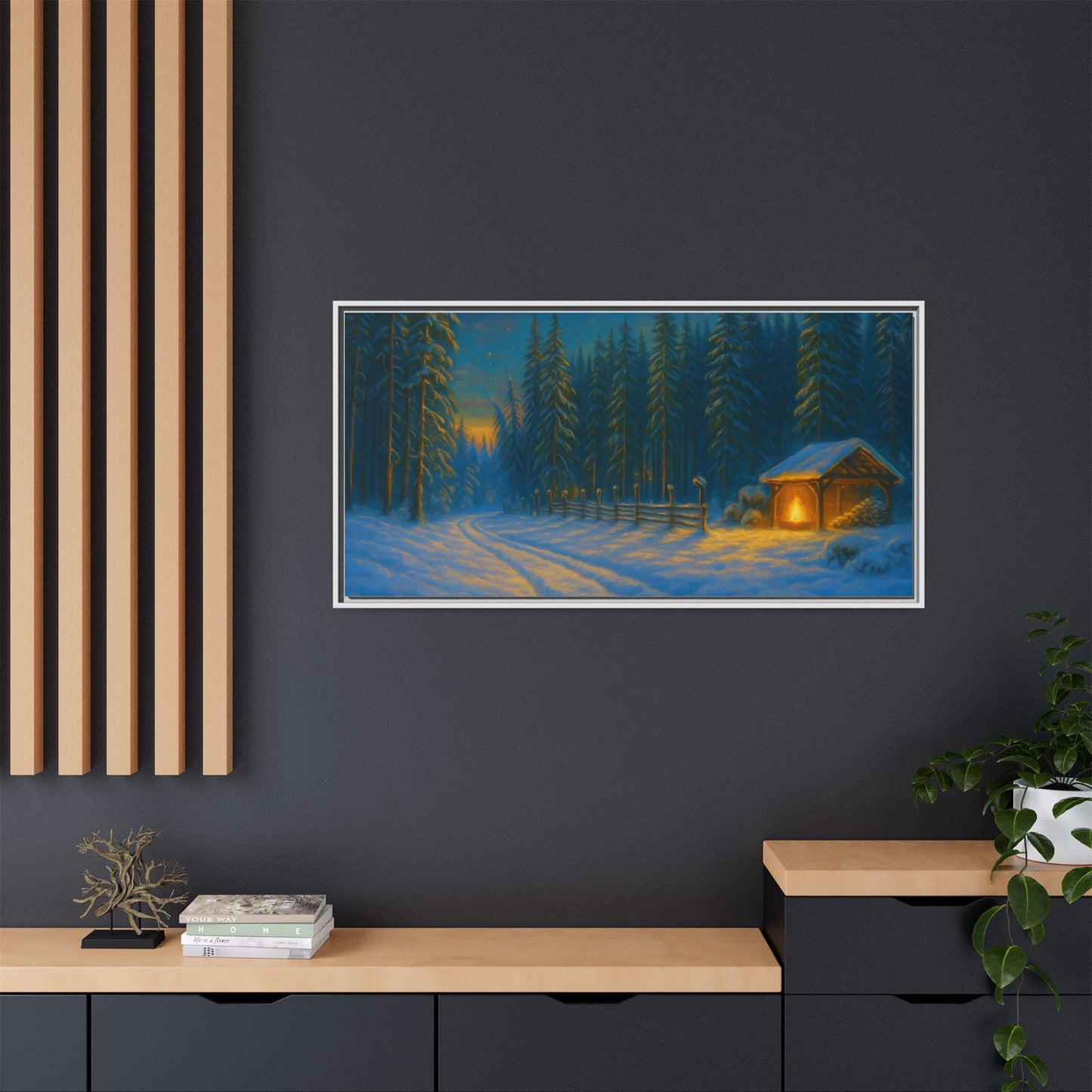 Framed Winter Landscape Canvas, Cozy Cabin Art, Christmas Decor, Winter Home Decor, Holiday Gift, Wall Art - TRV