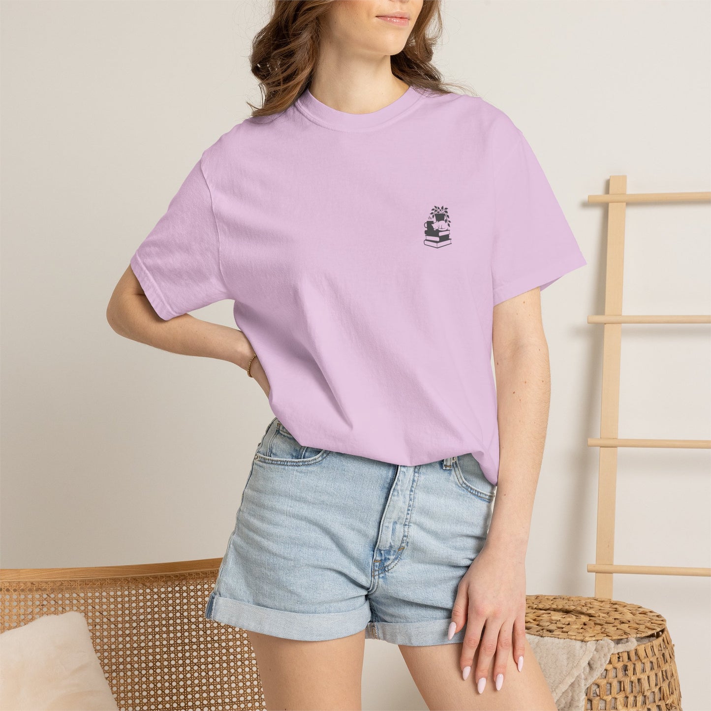 Cozy Cat on Books T-Shirt | Reading Tea Stack Illustration