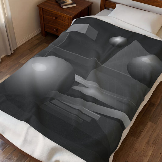 Velveteen plush blanket with 3D geometric spheres, abstract cube and sphere design, all-over print by Printify.