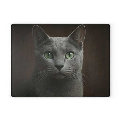 Russian Blue Cat Glass Cutting Board — Decorative Kitchen Cutting Board with Green-Eyed Cat Portrait