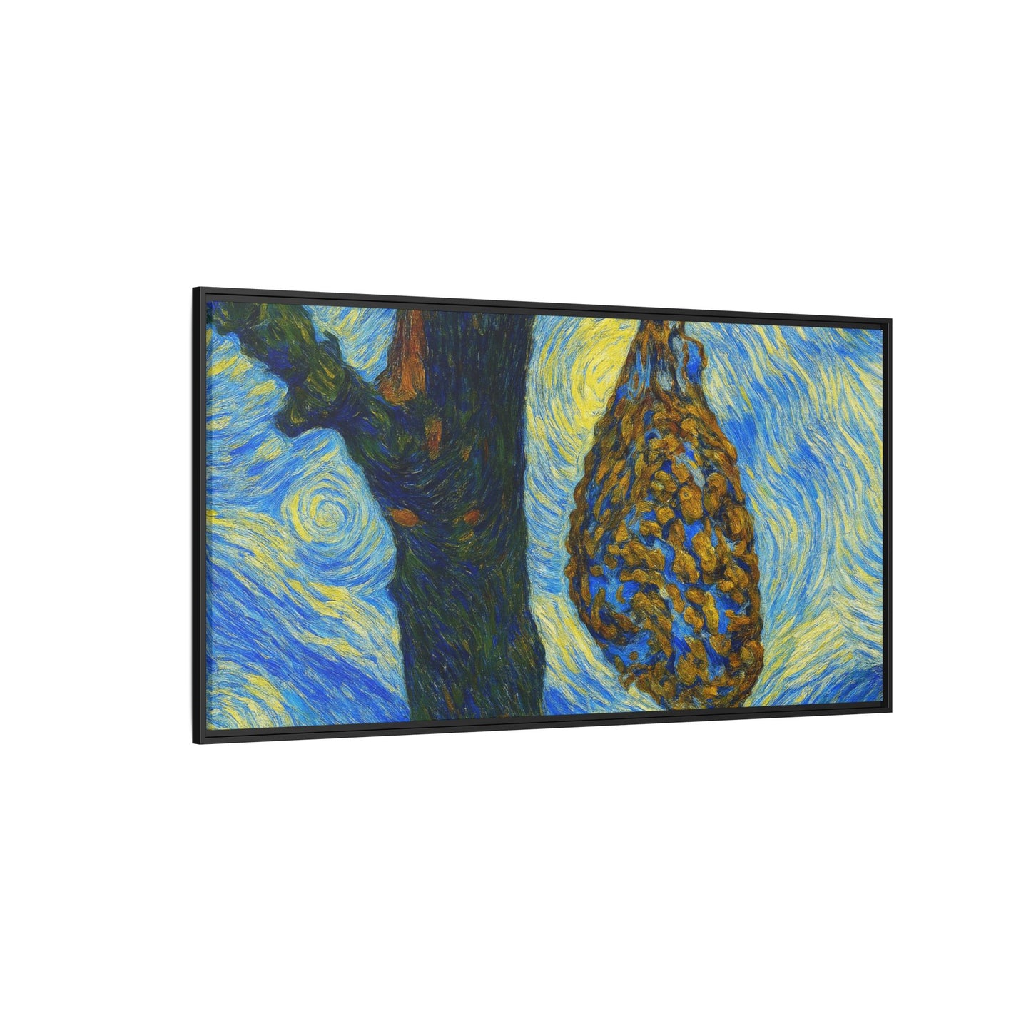 Framed Matte Canvas Art — Van Gogh-Style Swirling Night with Hanging Beehive