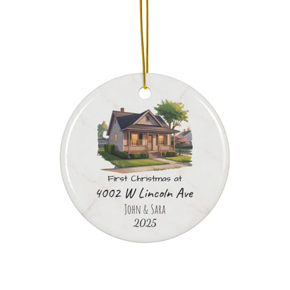 Custom House Illustration Ceramic Ornament | Personalized Address & Names, 2-Side Christmas Ornament - TRV