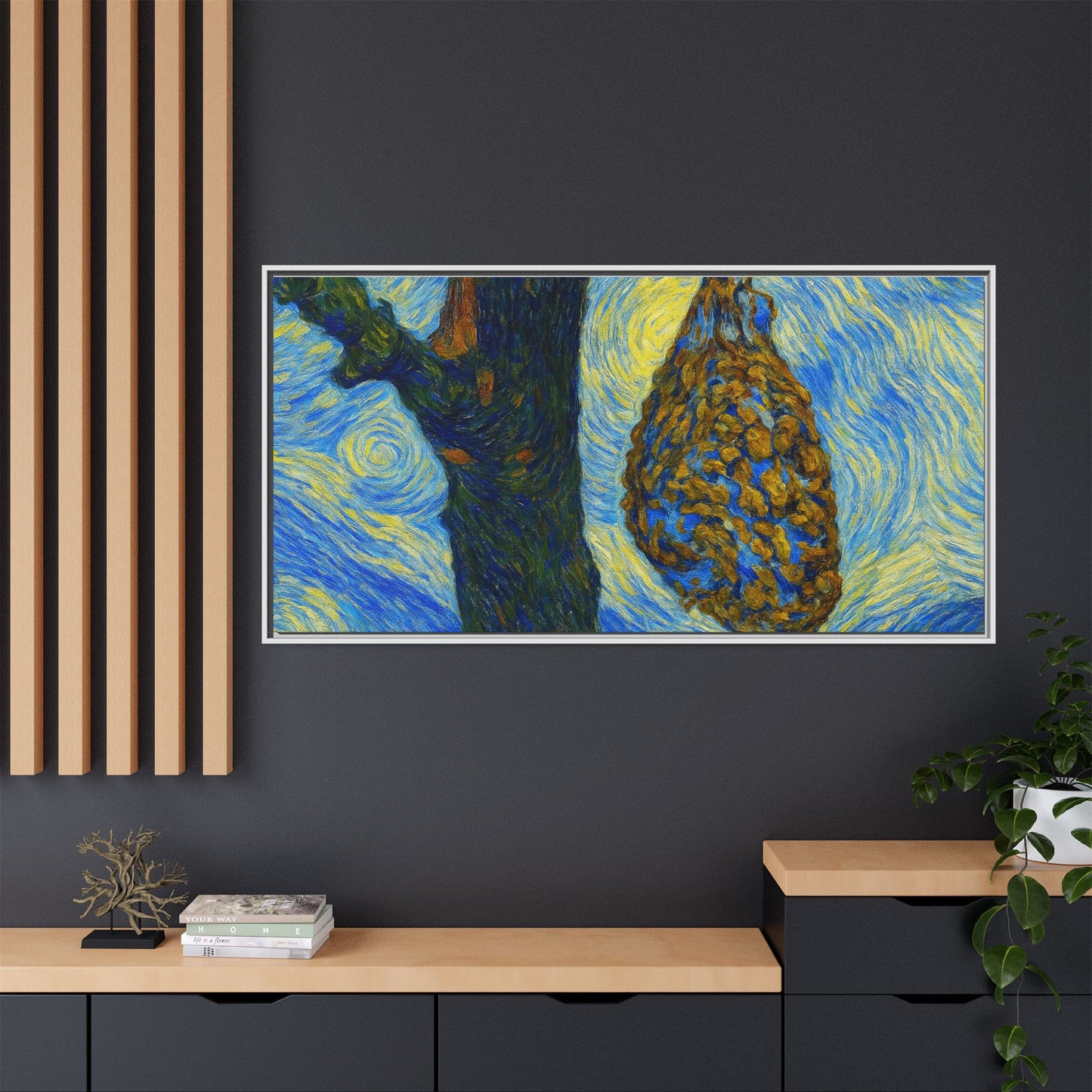 Framed Matte Canvas Art — Van Gogh-Style Swirling Night with Hanging Beehive