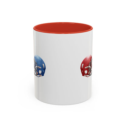Football Helmet Coffee Mug — Red vs Blue Rivalry Accent Mug (11/15oz)