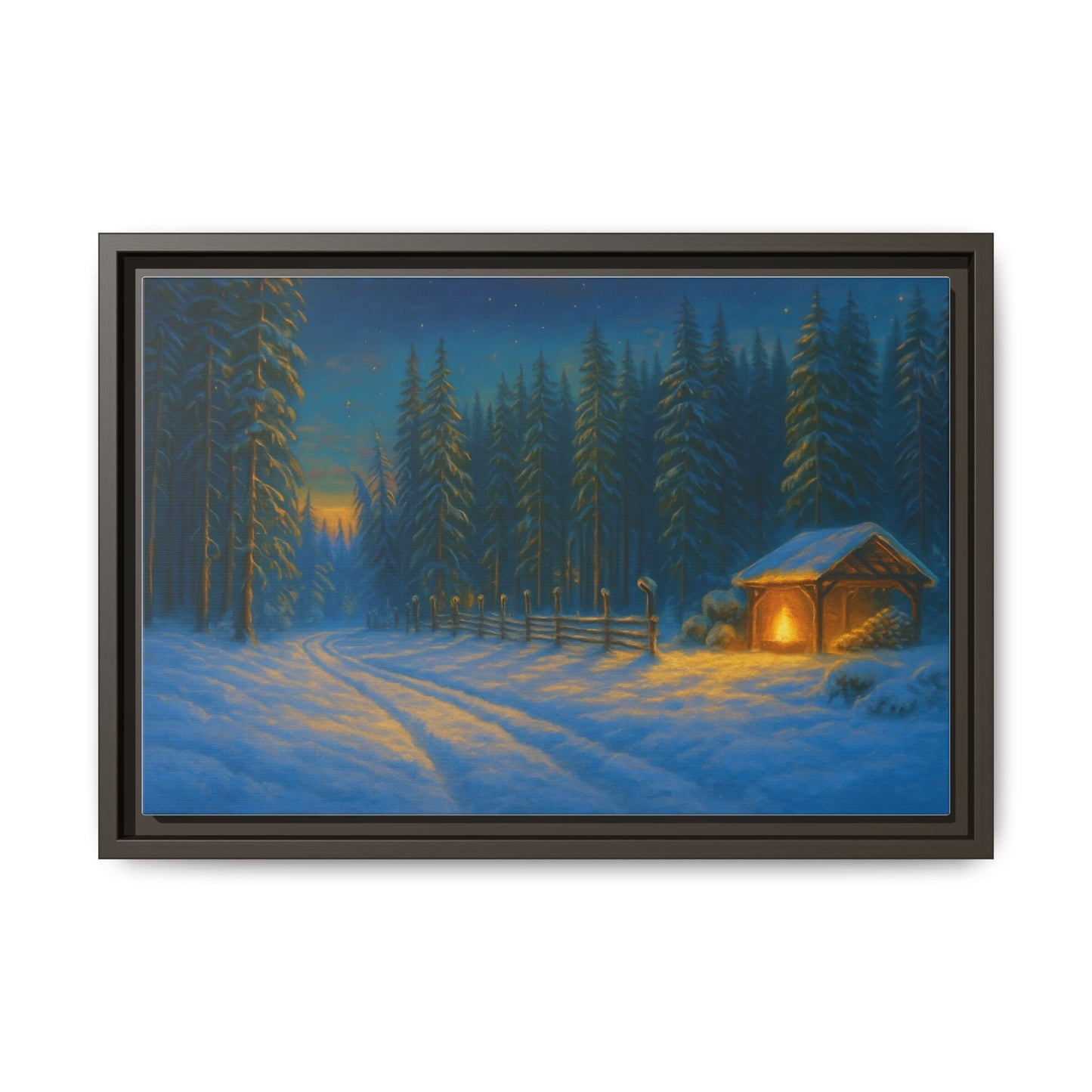 Framed Winter Landscape Canvas, Cozy Cabin Art, Christmas Decor, Winter Home Decor, Holiday Gift, Wall Art - TRV
