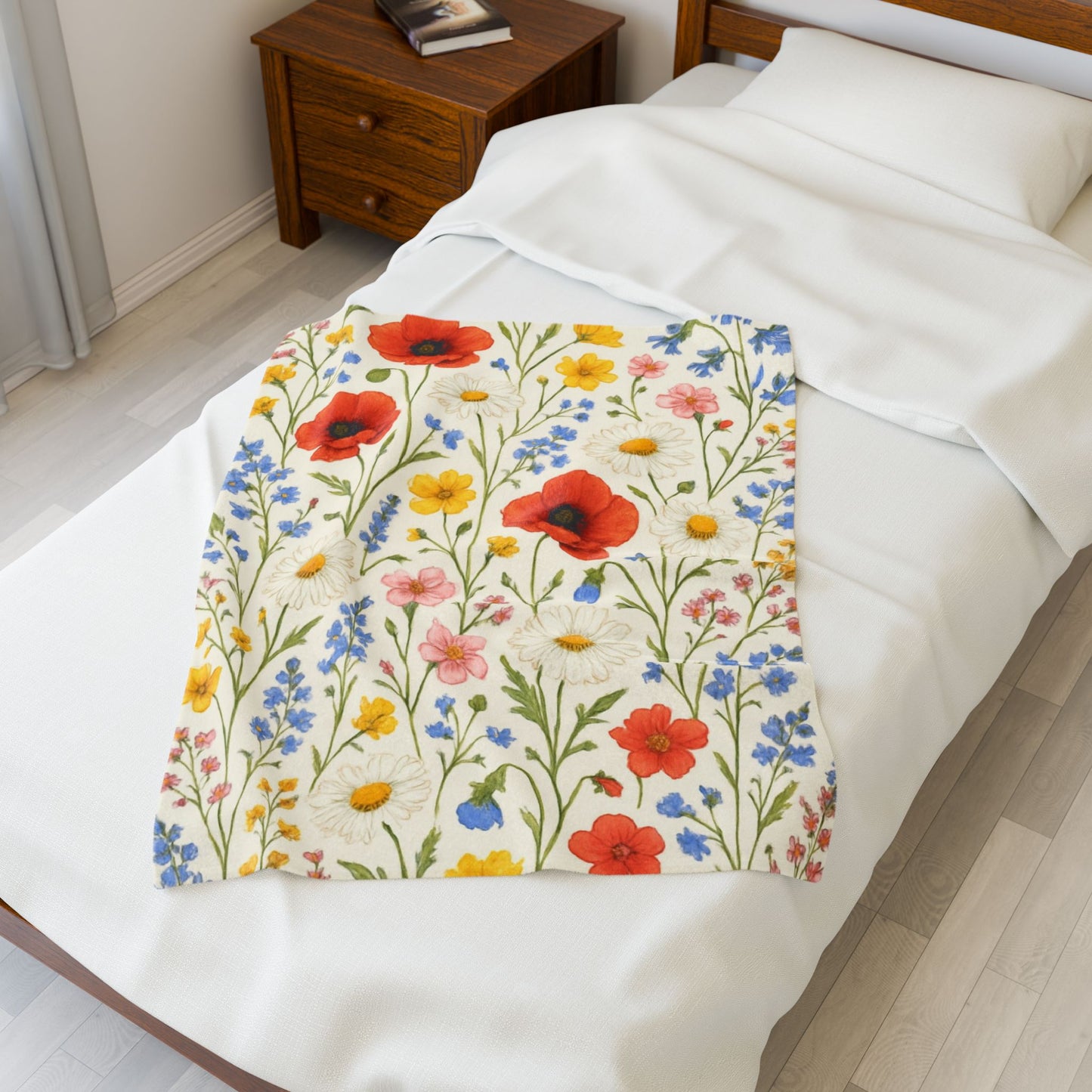 Wildflower Meadow Velveteen Plush Blanket | Poppy Daisy Floral Throw - TRV