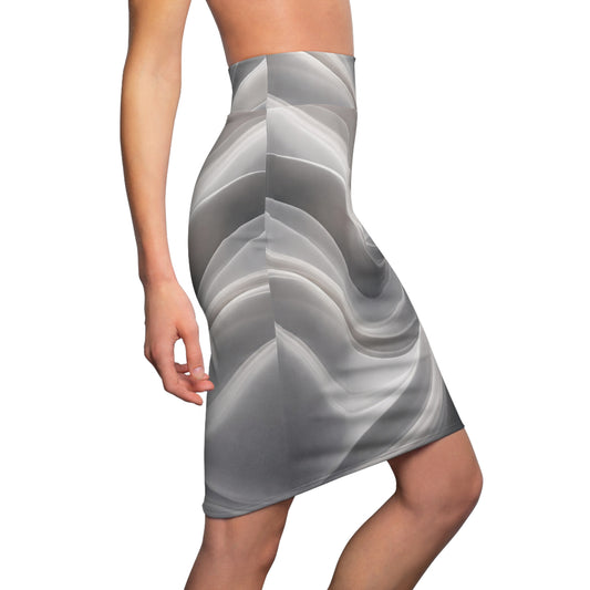 Abstract gray wave pattern pencil skirt with monochrome swirl design, all over print by Printify, showcasing a sleek, fitted silhouette.