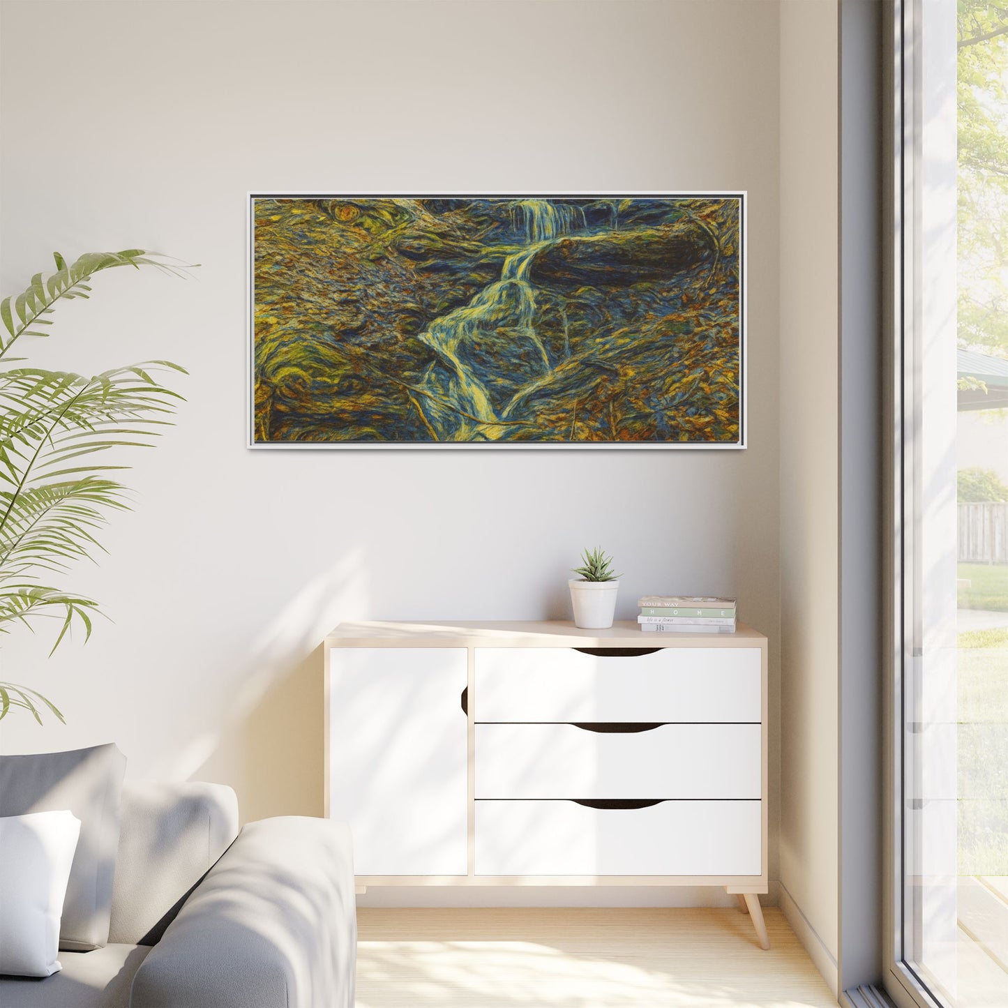Van Gogh Style Framed Matte Canvas Art Print - Nature-Inspired Wall Decor, Abstract Waterfall Artwork, Home Office Decoration - TRV