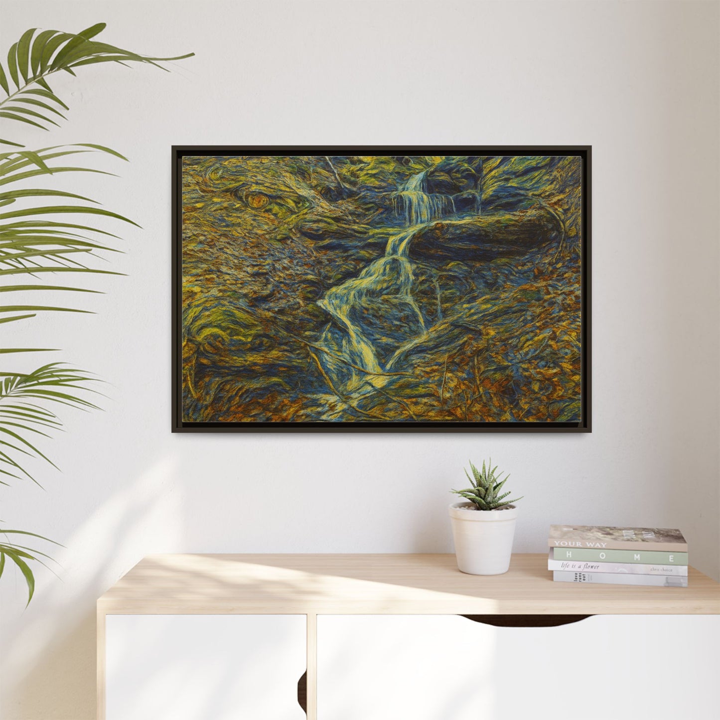 Van Gogh Style Framed Matte Canvas Art Print - Nature-Inspired Wall Decor, Abstract Waterfall Artwork, Home Office Decoration - TRV