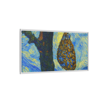 Framed Matte Canvas Art — Van Gogh-Style Swirling Night with Hanging Beehive