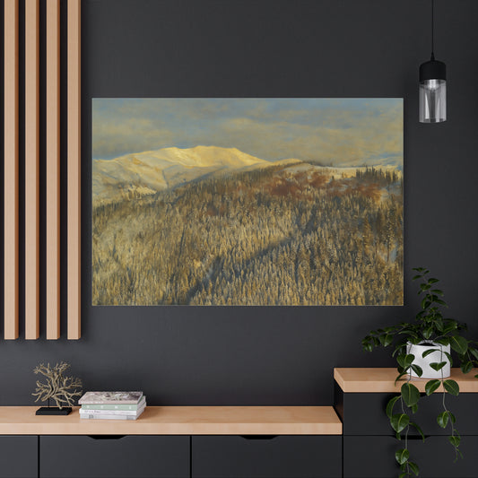 Mountain Serenity Stretched Canvas Art, Winter Landscape Wall Decor, Nature Print for Home, Gift for Nature Lovers, Cozy Interior Accent
