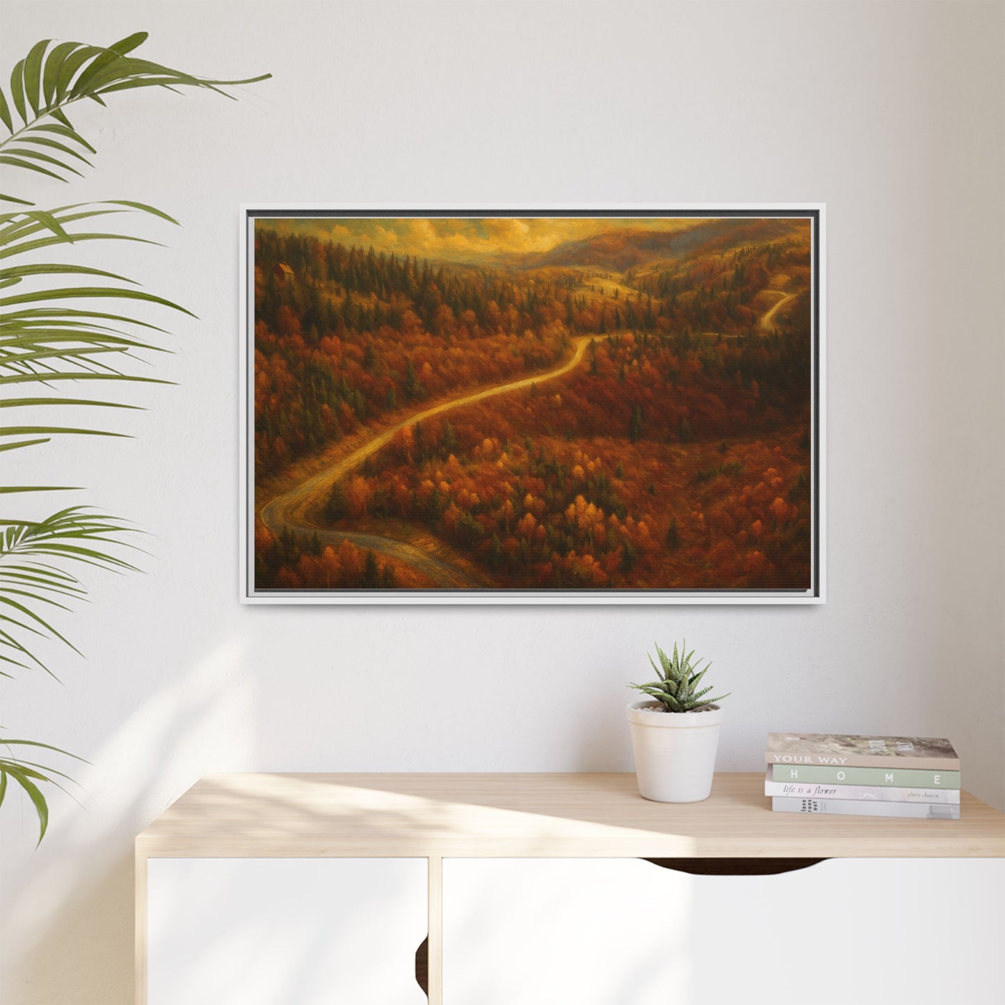 Autumn Landscape Framed Canvas Art, Cozy Home Decor, Warm Fall Vibes, Gift for Nature Lovers, Perfect for Thanksgiving - TRV