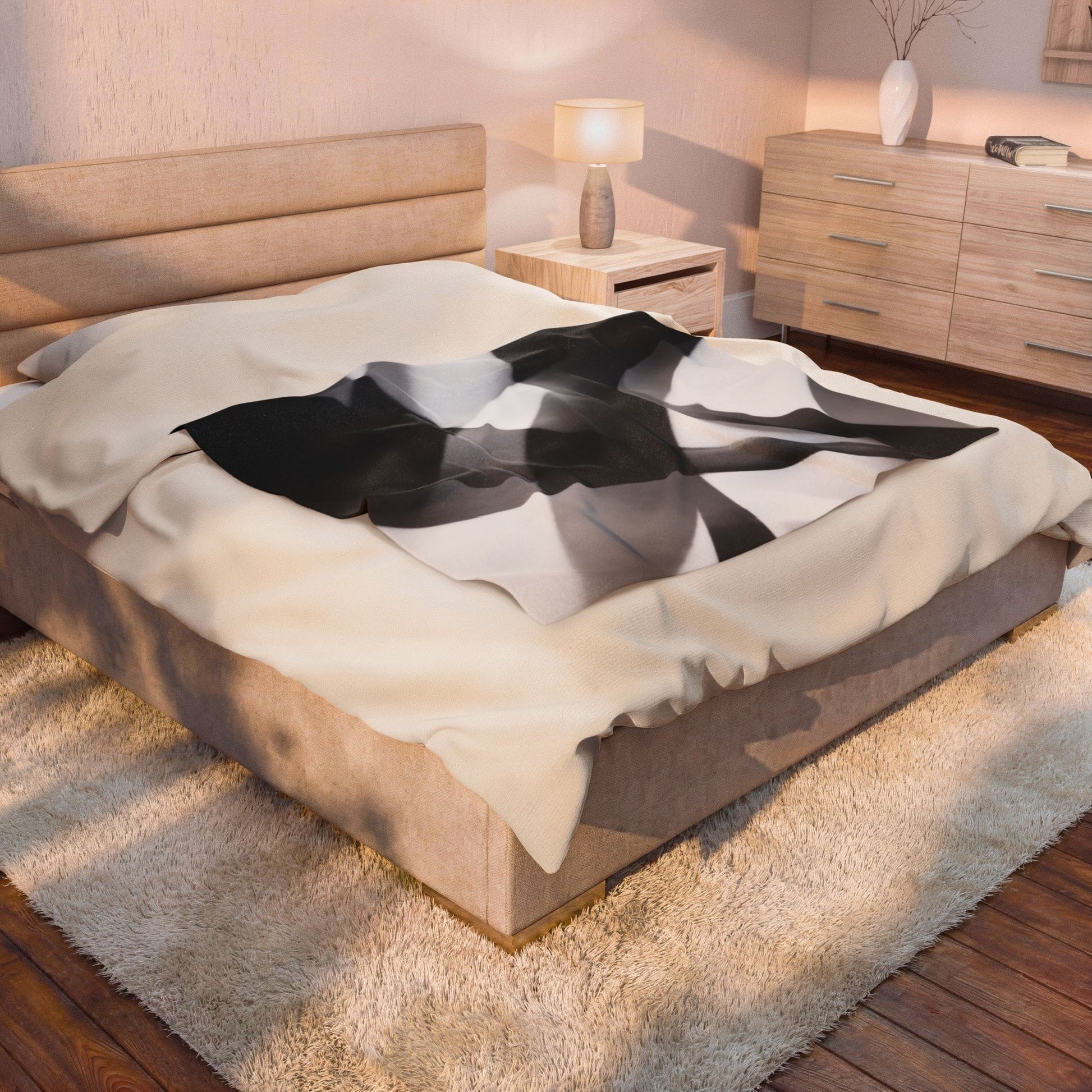 Velveteen plush blanket with abstract black smoke swirl design, all-over print in monochrome style by Printify.