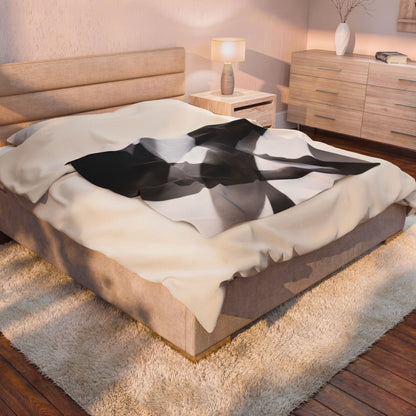 Velveteen plush blanket with abstract black smoke swirl design, all-over print in monochrome style by Printify.