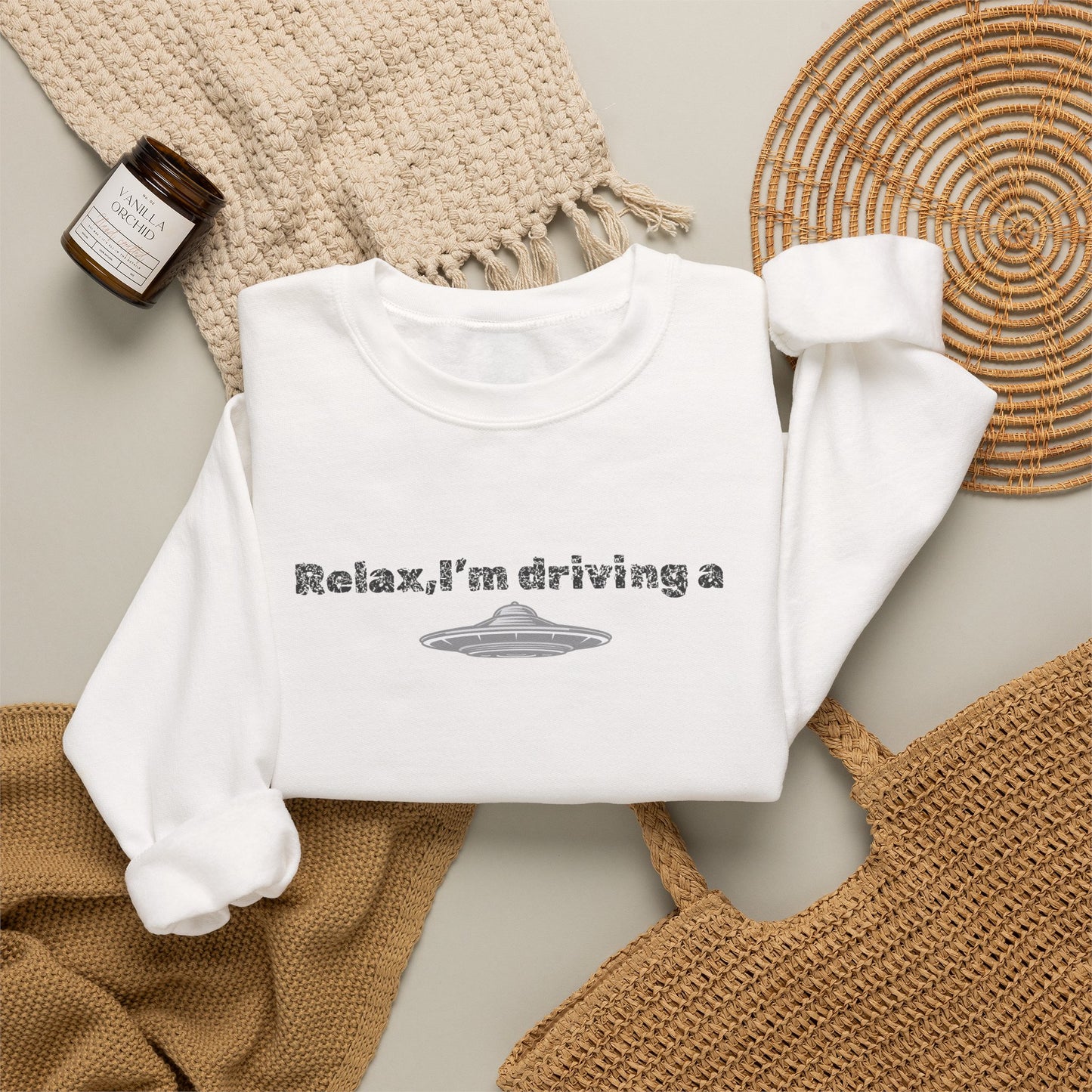 Relaxing UFO Driving Sweatshirt, Funny Gift for UFO Lovers, Unisex Crewneck Pullover, Casual Wear, Space Enthusiast Apparel